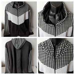 Colorblock Hooded Houndstooth Zip  Jacket Fashion Hoodie Women Plus Size 6XL B&W